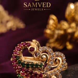 22K Gold Peacock Designer Ring with CZ, Ruby & Emerald Stones